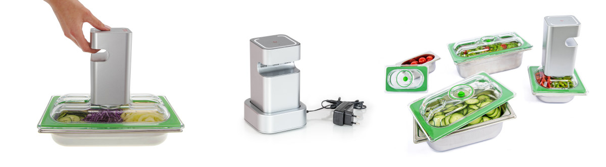 Gastronorm-Deckel zum Vakuumieren aller GN-Edelstahlbehälter des Herstellers. System ähnlich der Greenvac-Lösung