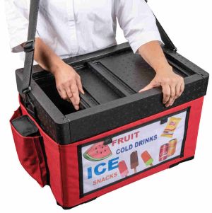 Beach Thermobox for drinks and ice creams: view with red bag.