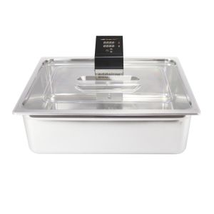 Edelstahlbehälter und Polycarbonatdeckel perfekt auf den SWID abgestimmt. 58 Liter Fassungsvermögen für ca. 30 kg Lebensmittel oder 100 Kochbeutel.